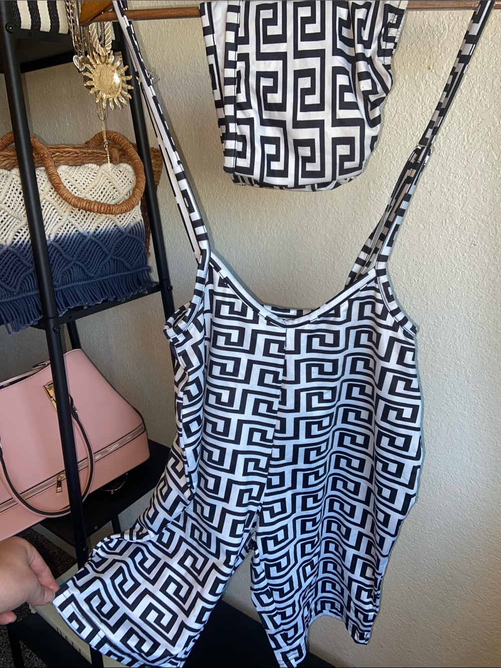 Black & White Geometric Print Shorts Romper With Bandeau SpaghettiStrap Tank Top
